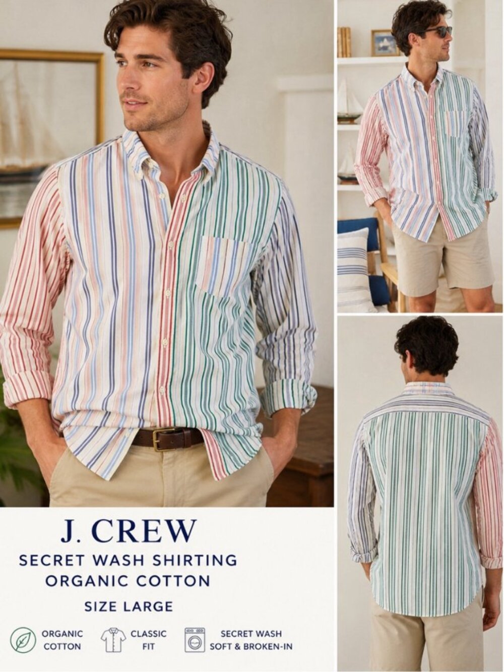 J. Crew Men's | Secret Wash Organic Cotton Multicolor Stripe Button Down Small